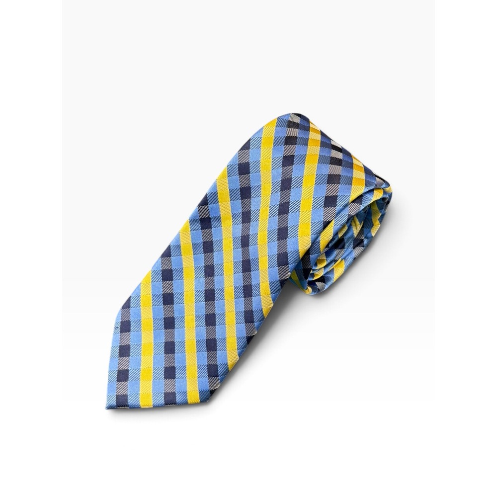 US Polo Assn Mens Plaid Necktie Blue Yellow Navy Check Hand Made Accessory